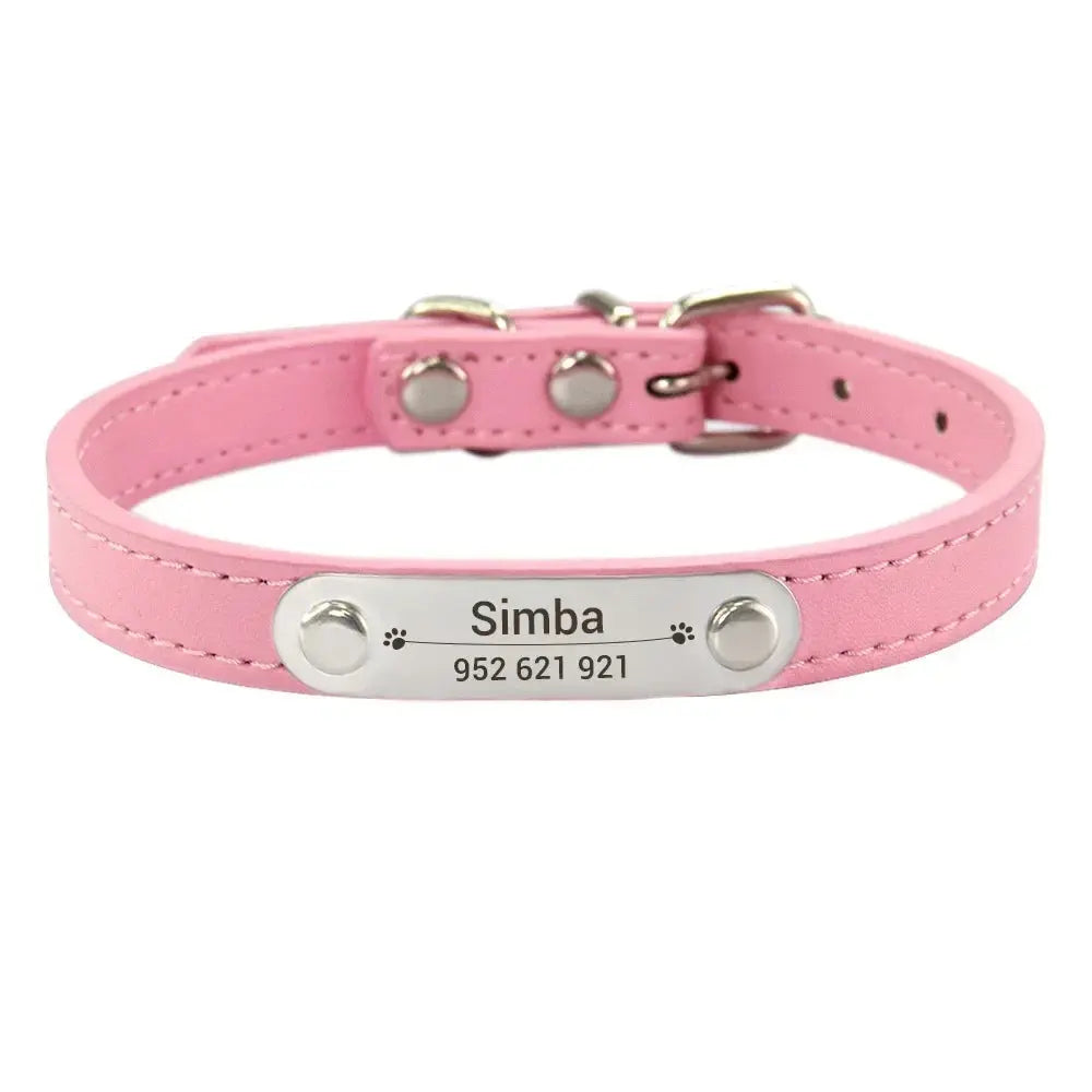 Personalized Dog Collar Name Carved ID Anti-lost Solid PU Leather Collar For Small Medium Large Dogs Puppy Cat Pet Supplies Pink - A&V