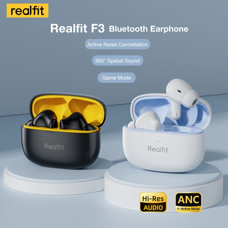 Realfit F3 ANC Active Noice Cancellation Bluetooth Earphones ENC Call HIFI Stereo Superb Bass Wireless Earbuds Sport Gaming A&V