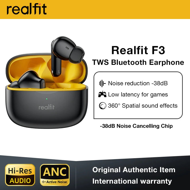 Realfit F3 ANC Active Noice Cancellation Bluetooth Earphones ENC Call HIFI Stereo Superb Bass Wireless Earbuds Sport Gaming A&V